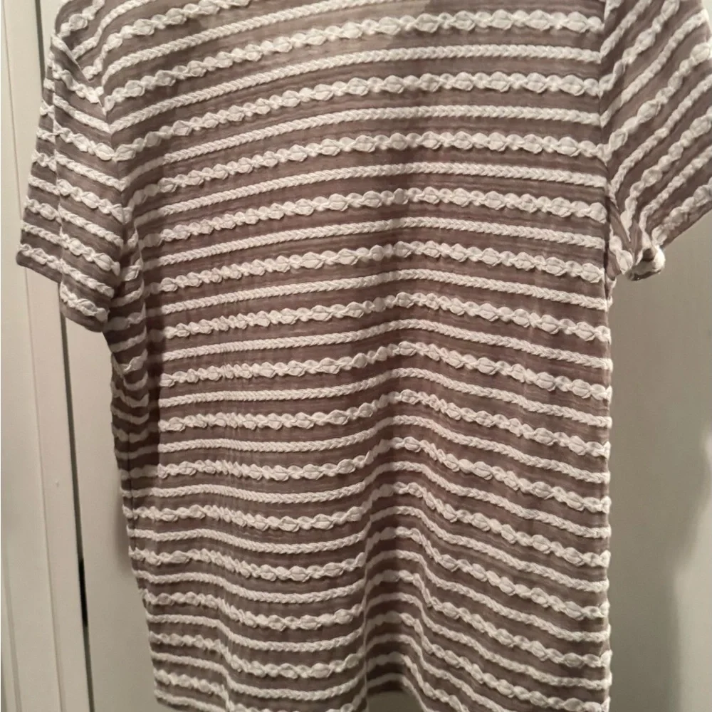 Chico’s Women's Striped Lace-Detail Tee - Taupe/White - Picture 3 of 4